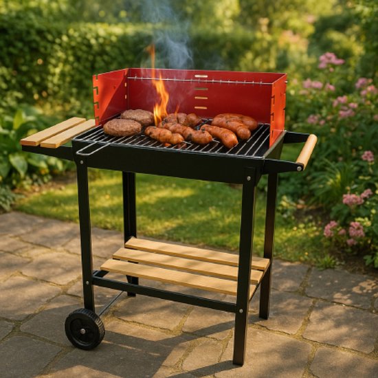 BBQ Collection Holzkohlegrill – Holzkohlegrill mit Rädern – Grill mit verstellbarem Rost und Windschutz – Grill mit Seitentisch – Schwarz