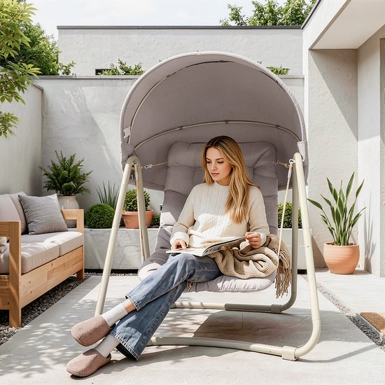 SoBuy OGS62-MI Schaukelstuhl mit verstellbarem Sonnenschirm – Für drinnen und draußen – Hängematte und Gartenstuhl für den Außenbereich – beige, 108 x 126 x 163 cm