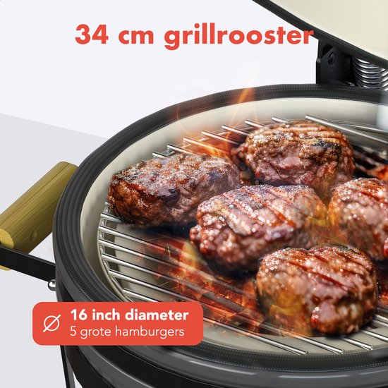 KitchenBrothers Kamado BBQ - 16-Zoll-Holzkohlegrill - 34⌀ cm - PFAS-frei - Deluxe-Set - Eiergrill mit Zubehör - Grau