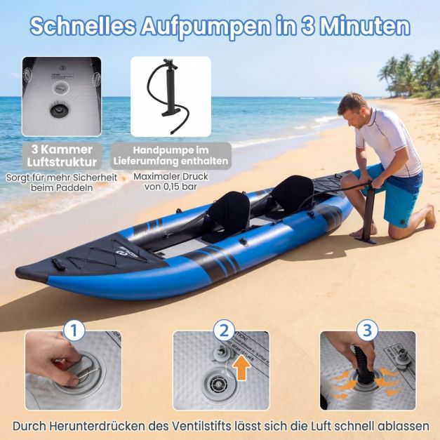 Goplus aufblasbares 2-Personen-Kajak-Set – Blau – 382 x 94 x 40 cm – Mit Paddeln, Sitzen und Tragetasche