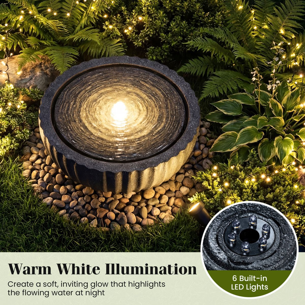 Coast Runder Gartenbrunnen – mit LED-Beleuchtung – Steinoptik – 45 x 45 x 23,5 cm – schwarz