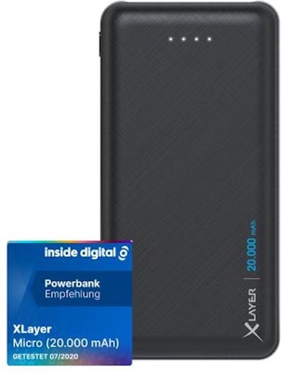 Xlayer Powerbank Micro Black – 20.000 mAh LiPo-Powerbank – 2 x USB – 1 x USB-C-Eingang – schwarz