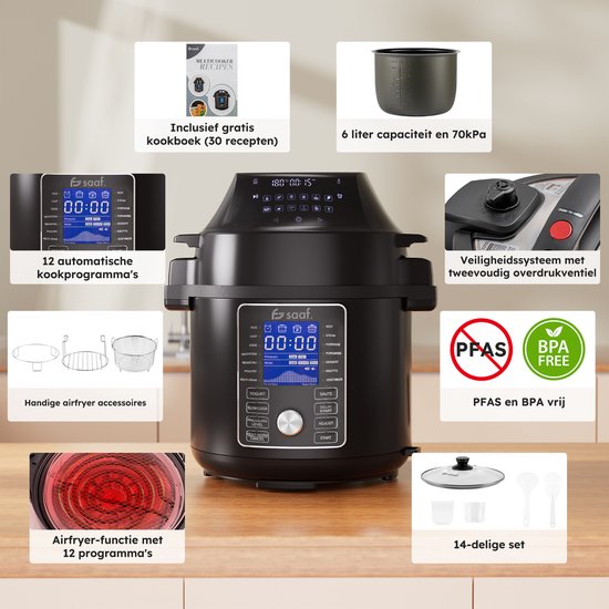 Multikocher mit Airfryer - 15-teiliges Set - 6L - 24 Automatikprogramme - Slow Cooker, Reiskocher, Dampfgarer, Schnellkochtopf - Grau - von Saaf