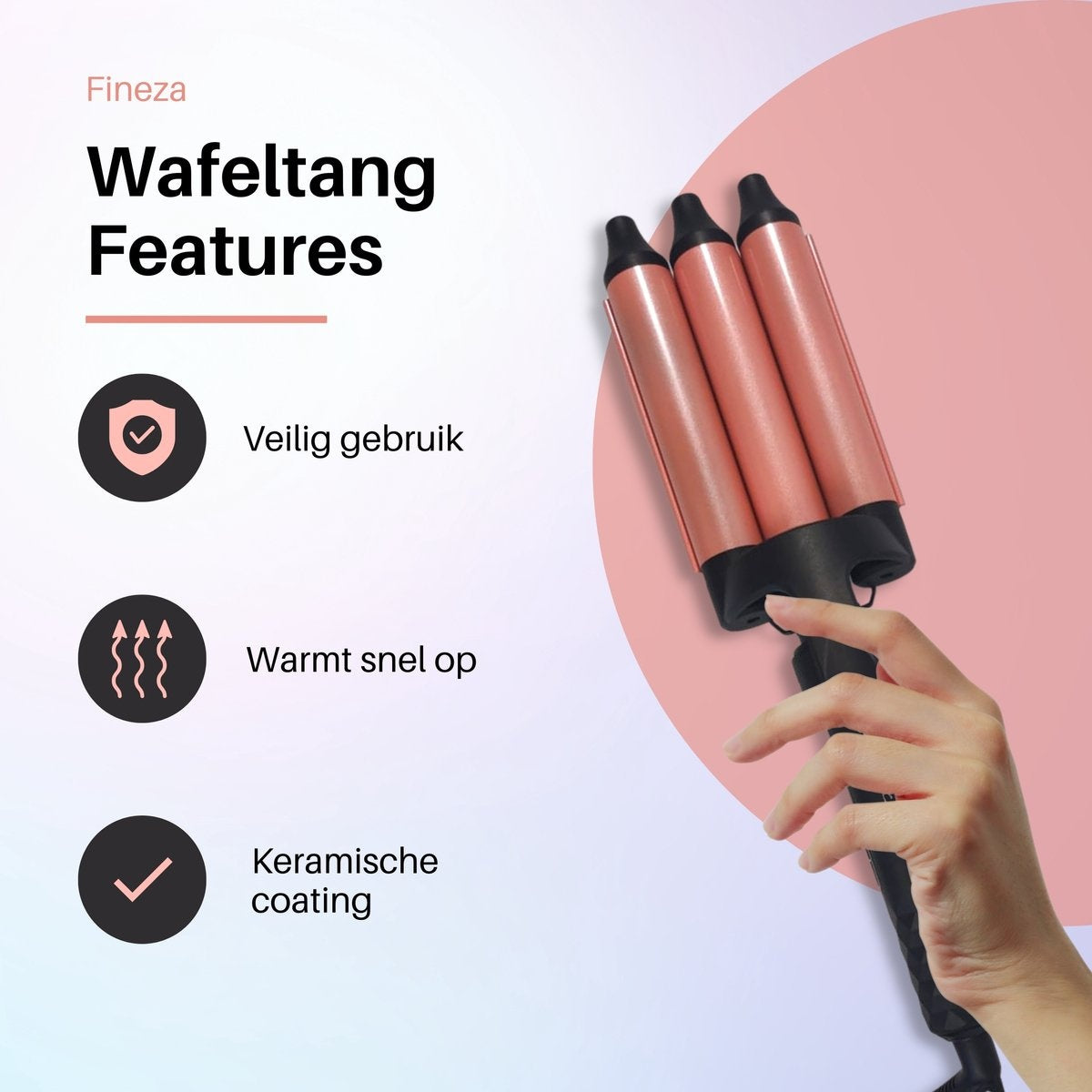 Fineza Waffelzange 25mm - Keramischer Lockenstab mit 10 Temperatureinstellungen - RosÃ©gold