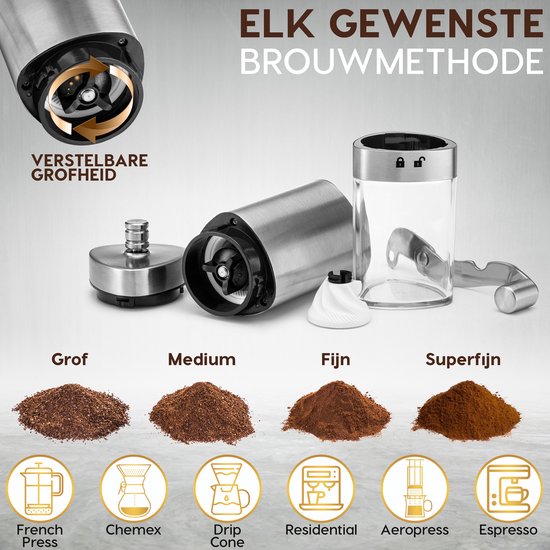 NOI Amsterdam - Manuelle Kaffeemühle - Kaffeemühle - Bohnenmühle mit verstellbaren Positionen inkl. Reinigungsbürste - Edelstahl - Keramikscheiben - Küchenzubehör - Kaffee - Kaffeebohnen