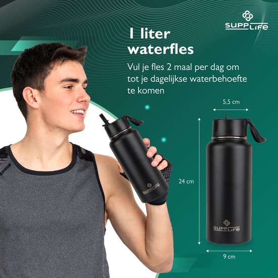 Supplife Luxus-Thermosflasche / Trinkflasche aus Edelstahl – 1 Liter – BPA-frei und auslaufsicher – Trinkflasche mit Strohhalm – Doppelwandige Isolierung – Thermosbecher – Ausgießverschluss und Verschluss mit Strohhalm – Inklusive Reinigungsbürste – Schwa