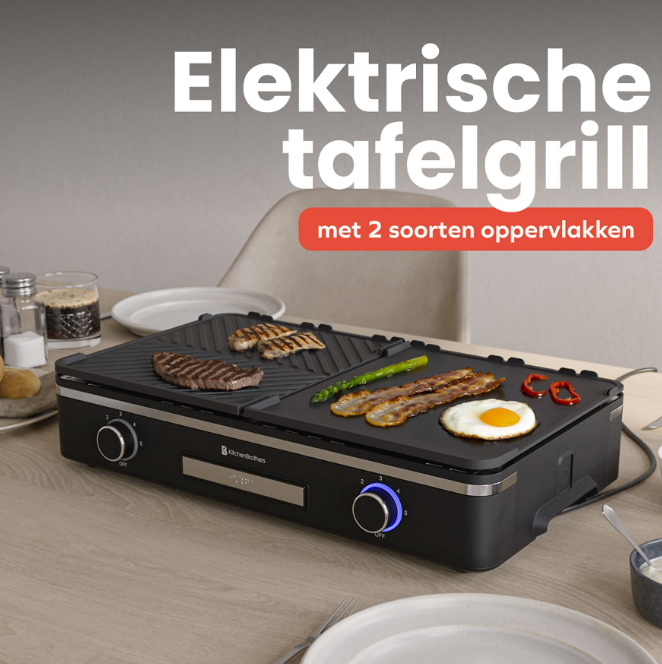 KitchenBrothers Elektrische Grillplatte KB4204 - 2400W - 2 Zonen - Gerippt & Flach - Schwarz - 50x30 cm