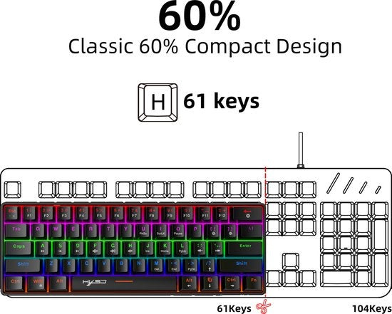 HXSJ V900 Wired Mechanical Gaming Keyboard - TKL - RGB-Beleuchtung - Ergonomisch - QWERTY - 61 Tasten - Blauer Schalter - Schwarz