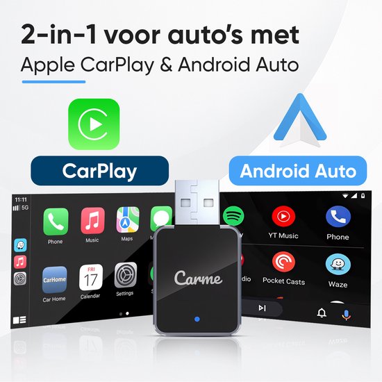 CarMe Mini 2-in-1 CarPlay Dongle V2 - Drahtloses CarPlay & Android Auto - USB-A & USB-C - Android Auto Dongle - Schwarz