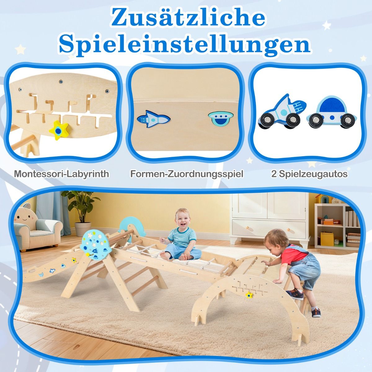 Coast Montessori Klettergerüst – 9-in-1-Spielgerät – zusammenklappbar – Naturfarben