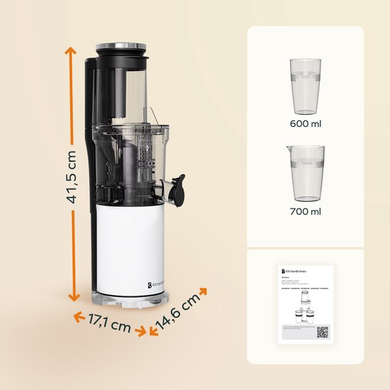 KitchenBrothers Slowjuicer - Vertikal - Entsafter - Gemüse- und Obstpresse - 80 mm - 750 ml - Perlweiß / Weiß