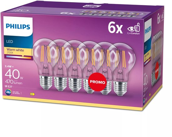 Philips LED-Lampe – Standardform mit E27-Fassung – Warmweißes Licht: 2700 K – 40 W – Klarglas – 6er-Pack