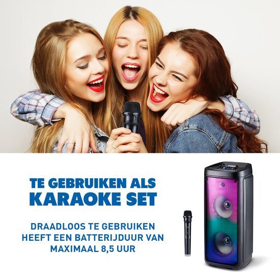Bluetooth-Lautsprecher mit Mikrofon - Partybox mit Stimmungsbeleuchtung - Musikbox und Karaoke-Set - Party-Lautsprecher mit Bluetooth-, Aux- und USB-Eingängen - leicht zu transportieren mit Tragegriff - Schwarz