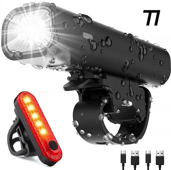 TIKKENS LED Fahrradlicht Set - USB wiederaufladbar - Vorderlicht & Rücklicht - MTB & Rennrad Beleuchtung - Wasserdicht - Schwarz