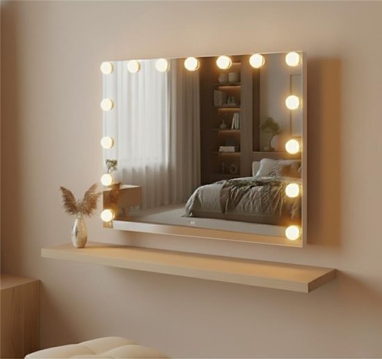 OMNIEXA Hollywood-Spiegel 58 × 46 cm – 15 LED-Lampen – 3 Lichtfarben – dimmbar – 10-fache Vergrößerung – USB-C – Make-up-Spiegel – Visagiespiegel – Vanity – Weiß
