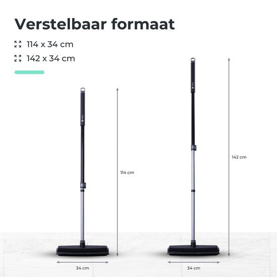 CLEANLY Gummibesen mit Bodenwischer - Barbierbesen - Weicher Besen für drinnen und draußen - Teleskop 114-142 cm - Bürste mit Stiel - Innenbesen - Breite 34 cm - Schwarz, Grau