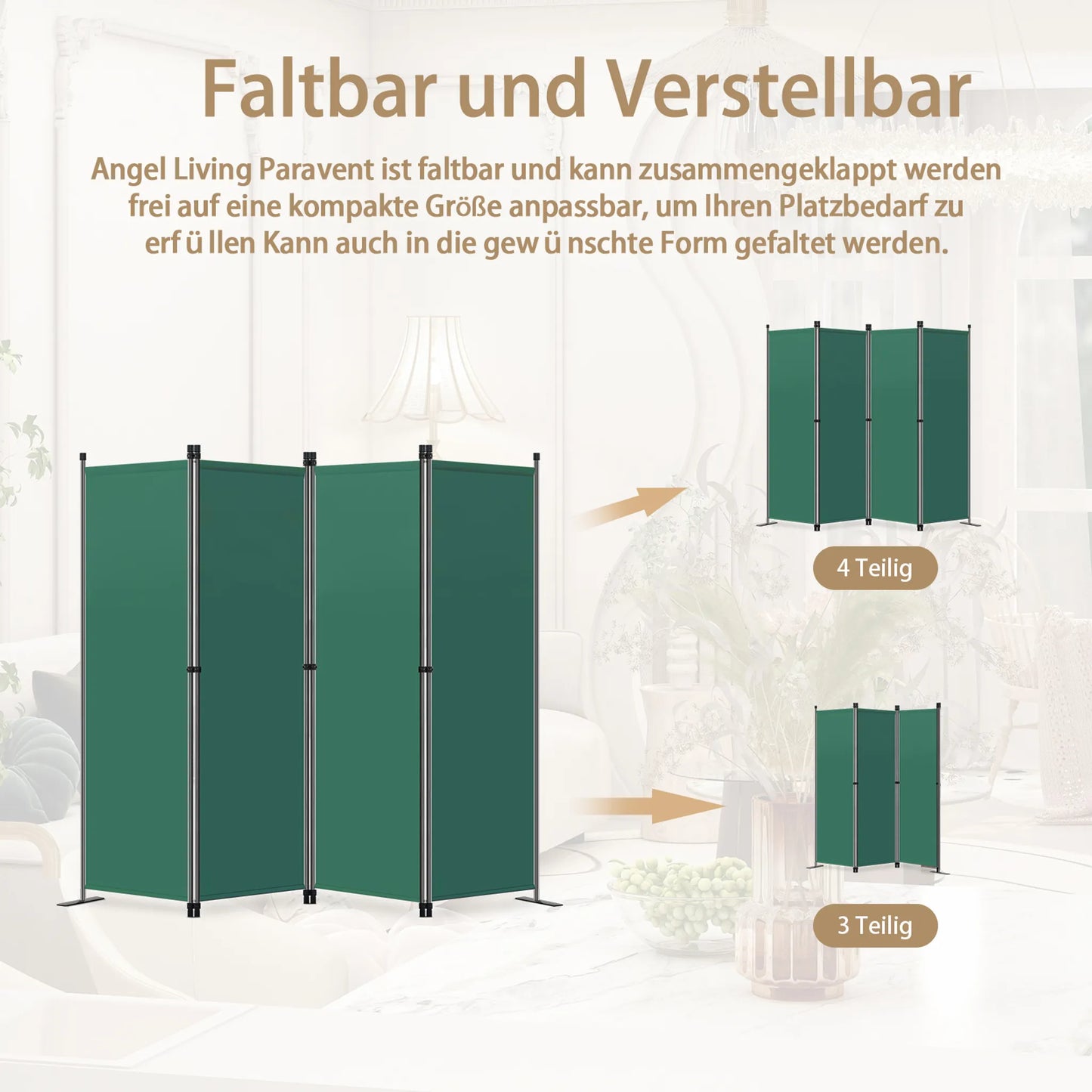 Angel Living – 4-teiliger Faltparavent – Raumteiler, Sichtschutz – Stahl und Polyester – grün