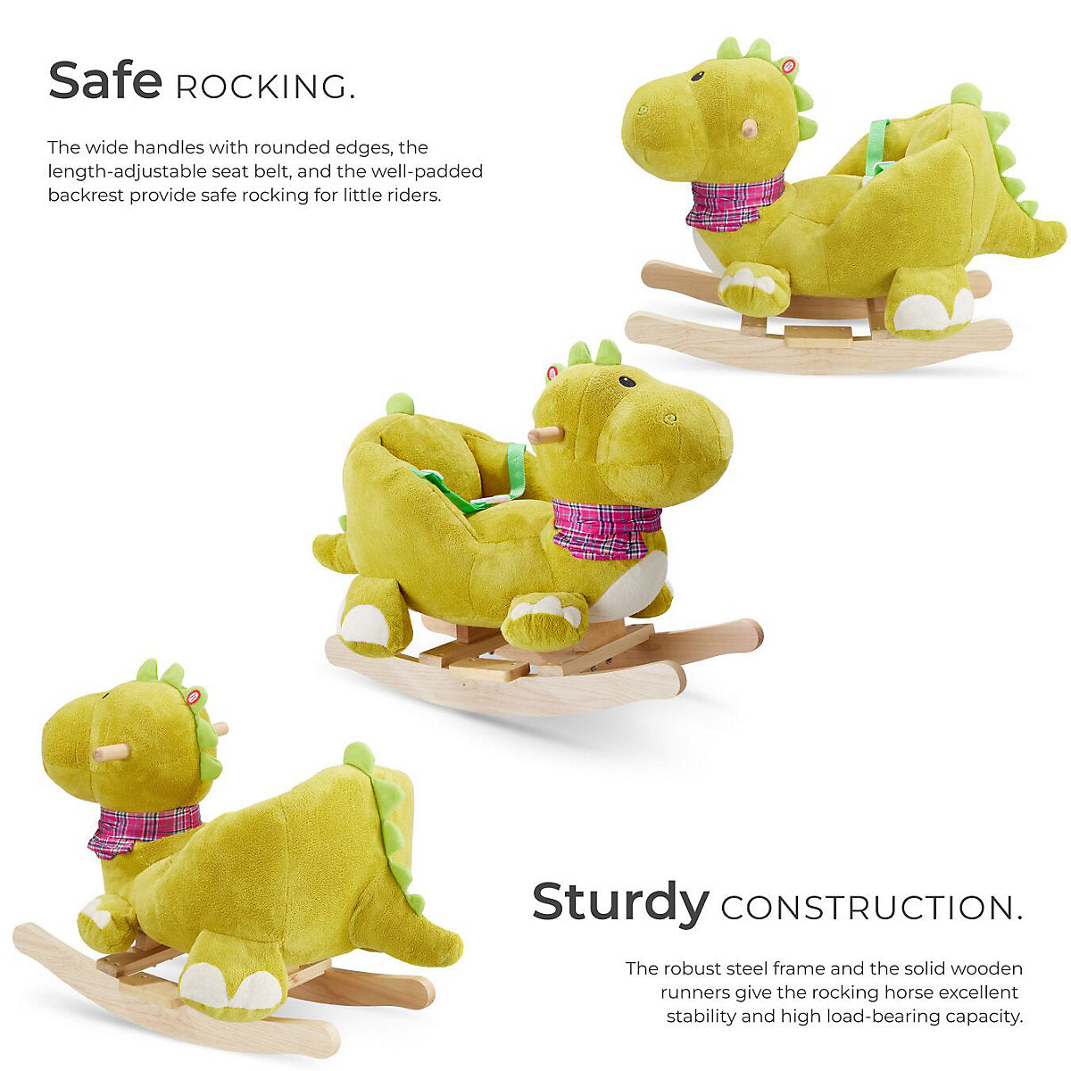 Tectake Schaukelpferd Dinosaurier 50 cm – Holz/Plüsch – Soundeffekt – Grün