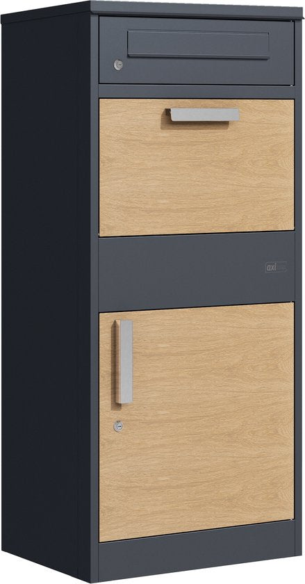 AXI Levi Paketbriefkasten aus Metall, anthrazit/Holzoptik – Paketbox für mehrere Pakete – Inklusive Schloss und separatem Fach für Post – 50,6 x 38,3 x 112 cm