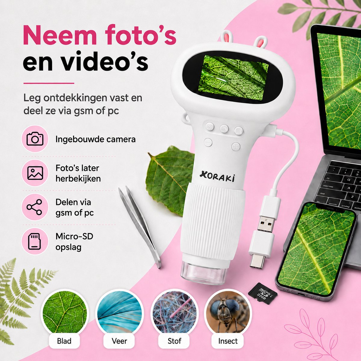 Koraki® Digitalmikroskop für Kinder – LCD-Bildschirm – 30- bis 50-fache Vergrößerung – Kamera – Micro-SD