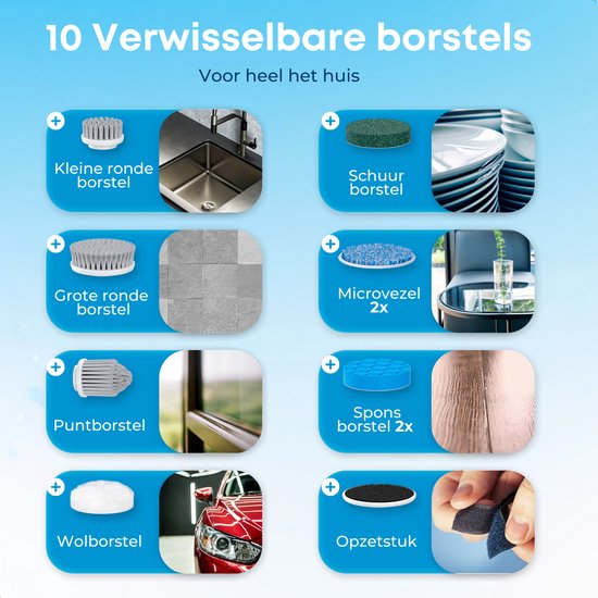 Beepro - Elektrische Reinigungsbürste - Schrubber mit Handgriff - 10 Aufsätze