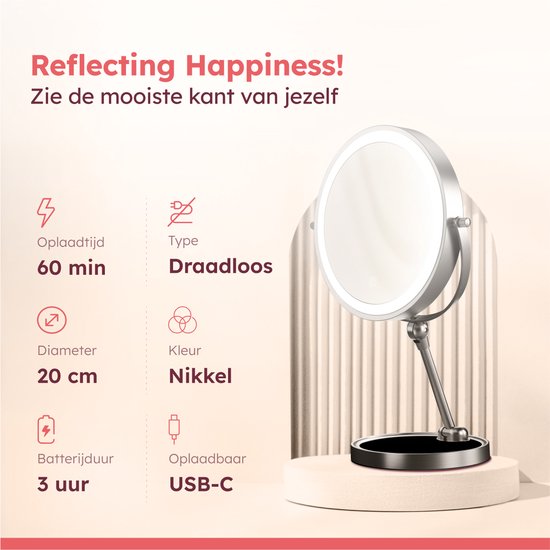 Fraay® Make-up-Spiegel mit LED-Beleuchtung - 10-fache Vergrößerung - Vergrößerungsspiegel mit Licht - wiederaufladbar - Rasierspiegel - Badezimmerspiegel - Nickel