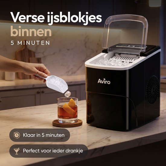 Aviro Eiswürfelmaschine XL – 2 l – Mit Eislöffel – Eiswürfelbereiter – 16 kg / 24 Std. – Selbstreinigungsfunktion – Schwarz
