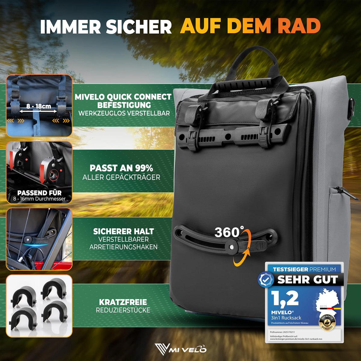 MIVELO - EVO 25L 3-in-1-Fahrradtasche für den Gepäckträger – Rucksack und Umhängetasche – 100 % wasserdicht und vollständig reflektierend