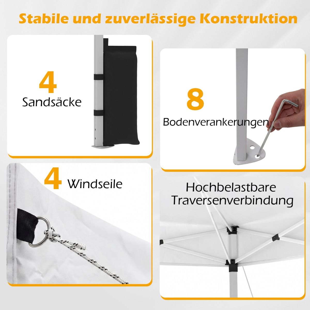 Coast Pop-up-Partyzelt – 3 x 3 m – mit Sandsäcken, Heringen und Tragetasche – weiß