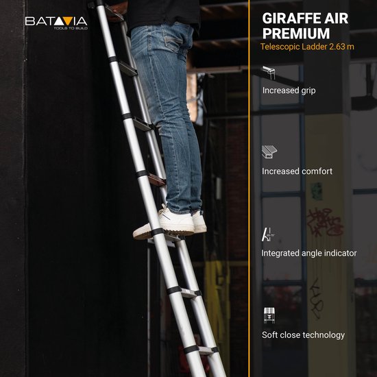 Batavia Teleskopleiter 2.63m - SoftClose & AntiSlip - Ausgezogene Länge 263cm - Anti-Rutsch - Patentierte Soft-Close - Max. Belastung 150kg - Arbeitshöhe 363cm - Giraffe Air