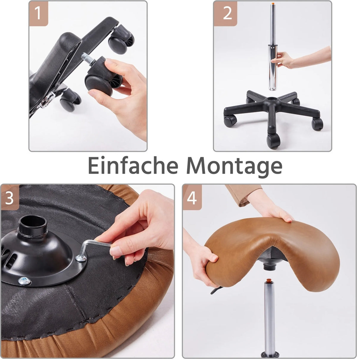 Yaheetech Saddle Stool Ergonomisch - Ausgestattet mit höhenverstellbarem SGS Gaslift und 360° drehbaren Nylonrädern und verchromtem Fuß - Für Friseursalon und Praxis - Retro Braunes PU Kunstleder und Metall - 50 x 50 x 45,5-60 cm