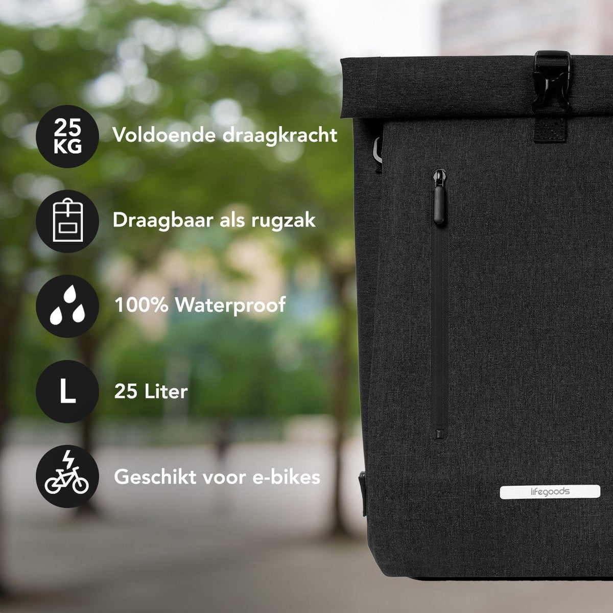 LifeGoods Single Bicycle Bag - Kompakt - Umhängetasche und Rucksack - 25L - Runder Gepäckträger - Wasserdicht - Schwarz