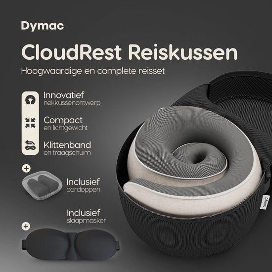 Dymac CloudRest Reisekissen - Nackenkissen - Nackenstütze - Memory Foam Reisekissen - Inklusive Augenmaske & Ohrstöpsel - Mit Reiseetui - Beige