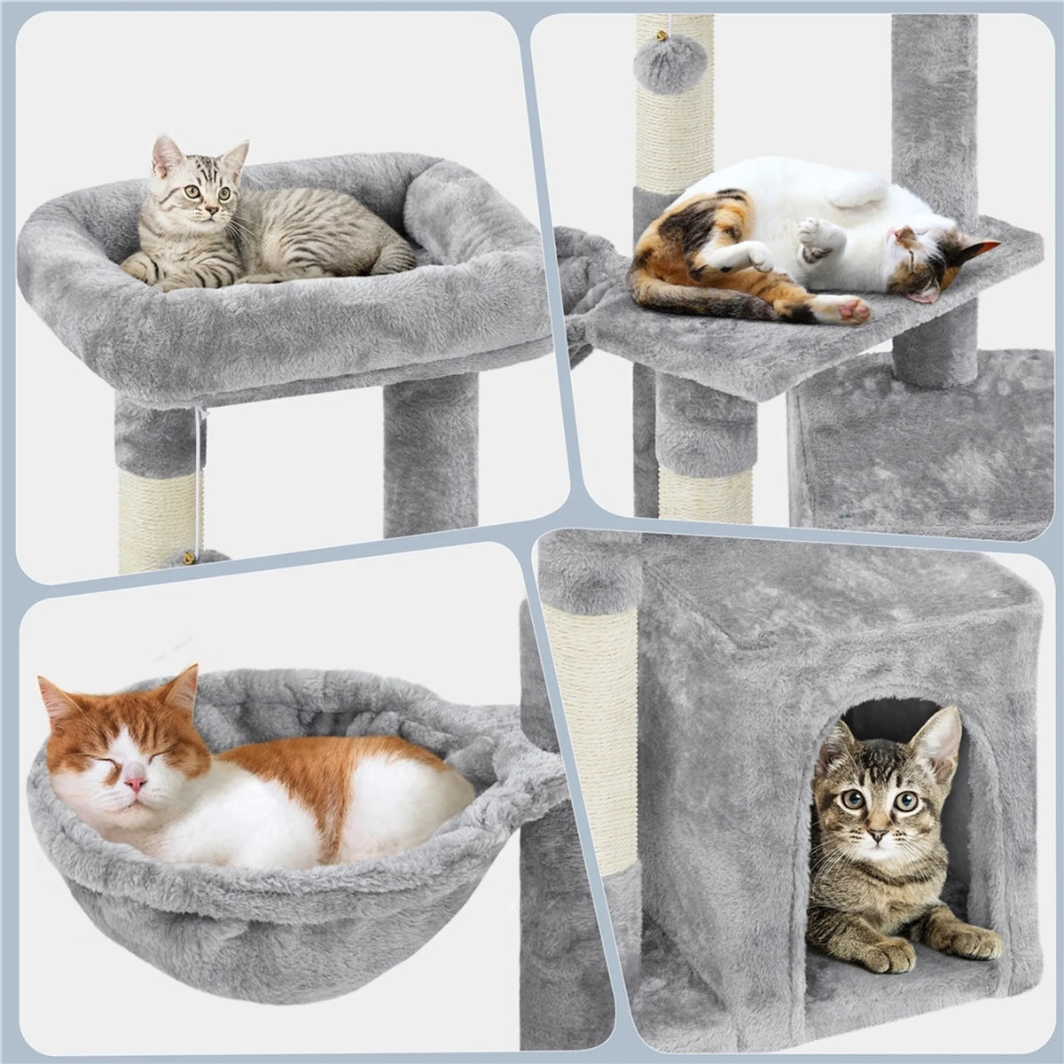 Yaheetech Kompakter Kratzbaum mit 3 Ebenen, 49,5 x 34,5 x 86,5 cm – stilvolles Hellgrau – Sisal und Plüsch