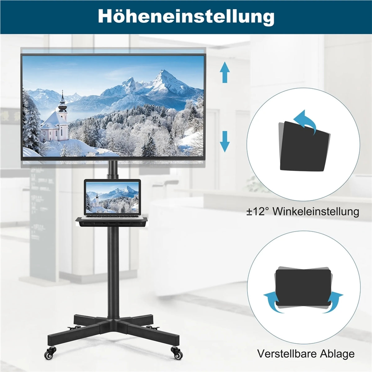 TV-Ständer auf Rädern für Fernseher von 23 bis 60 Zoll, höhenverstellbar und schwenkbar, schwarz