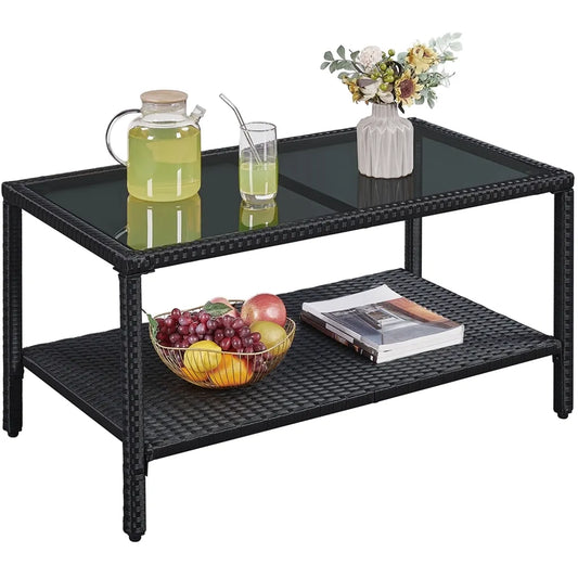 Yaheetech Rattan Couchtisch - Beistelltisch - mit Glasplatte - mit Regal - innen/außen - grau