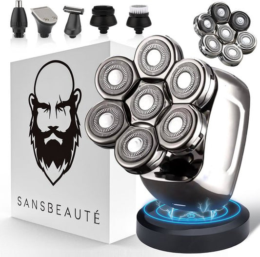 Sansbeauté® - SkullSharp PRO – 6-in-1 Herrenrasierer für Gesicht & Kopf – Kabellos, Nass/Trocken, inkl. Extra-Scherkopf & Aufsätze