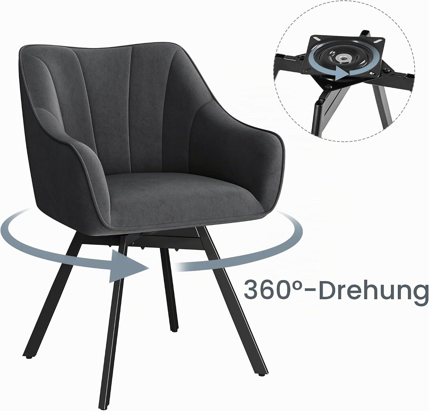 Yaheetech Esszimmerstuhl, um 360° drehbar, mit Armlehnen – Samt – 55 x 58,5 x 82 cm – Dunkelgrau