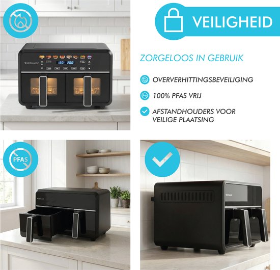 Doppel-Heißluftfritteuse XXL 11 l - PFAS-freie Heißluftfritteuse – Infrarot – Dual Zone – 2 x 5,5 l – 40–200 °C – 8 Kochprogramme – 2850 W – WM-2511 AF – Schwarz