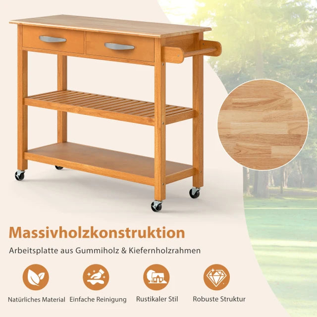Coast Kitchen Trolley Wood - Mobiles Küchenregal mit 2 Schubladen und 2 Ablagen - 106 x 43 cm