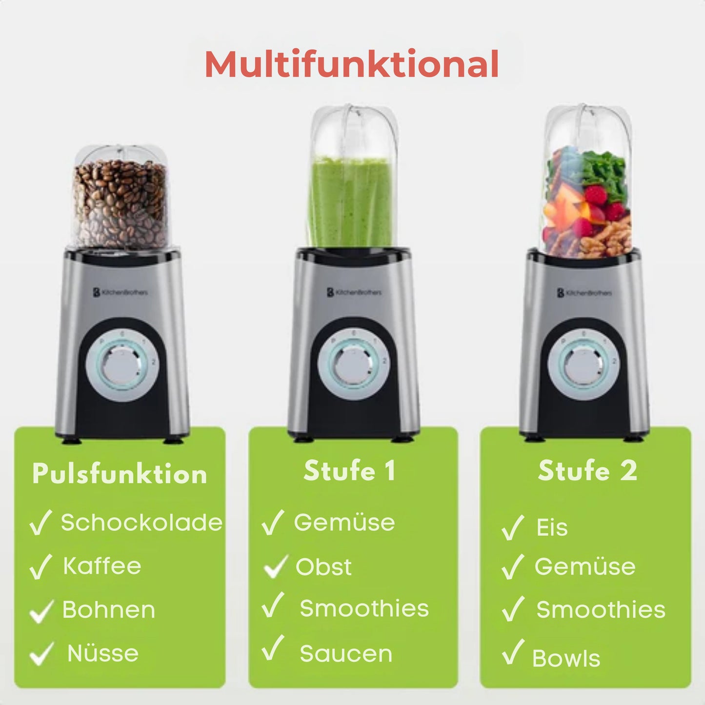 KitchenBrothers Smoothie Mixer - 13-teiliges Set - 4 Becher - To Go - 350W - Edelstahl