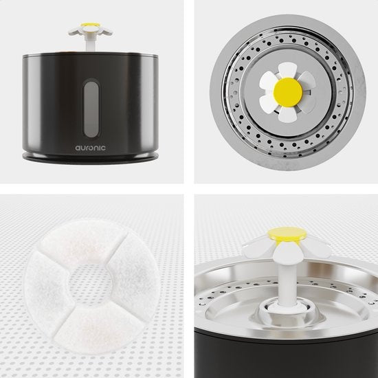 Auronic Trinkbrunnen - Wasserbrunnen für Katzen und Hunde - 2.4L - Tiertränke - Inkl. 3 Filter und 2 Bürsten - Schwarz
