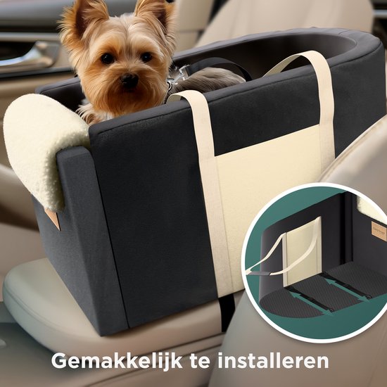 CozySense® Hundeautositz - Hundekorb Auto mit waschbarem Bezug - Für kleine Hunde - Passt in die Mittelkonsole - Auch als Tragetasche - Schwarz/Beige