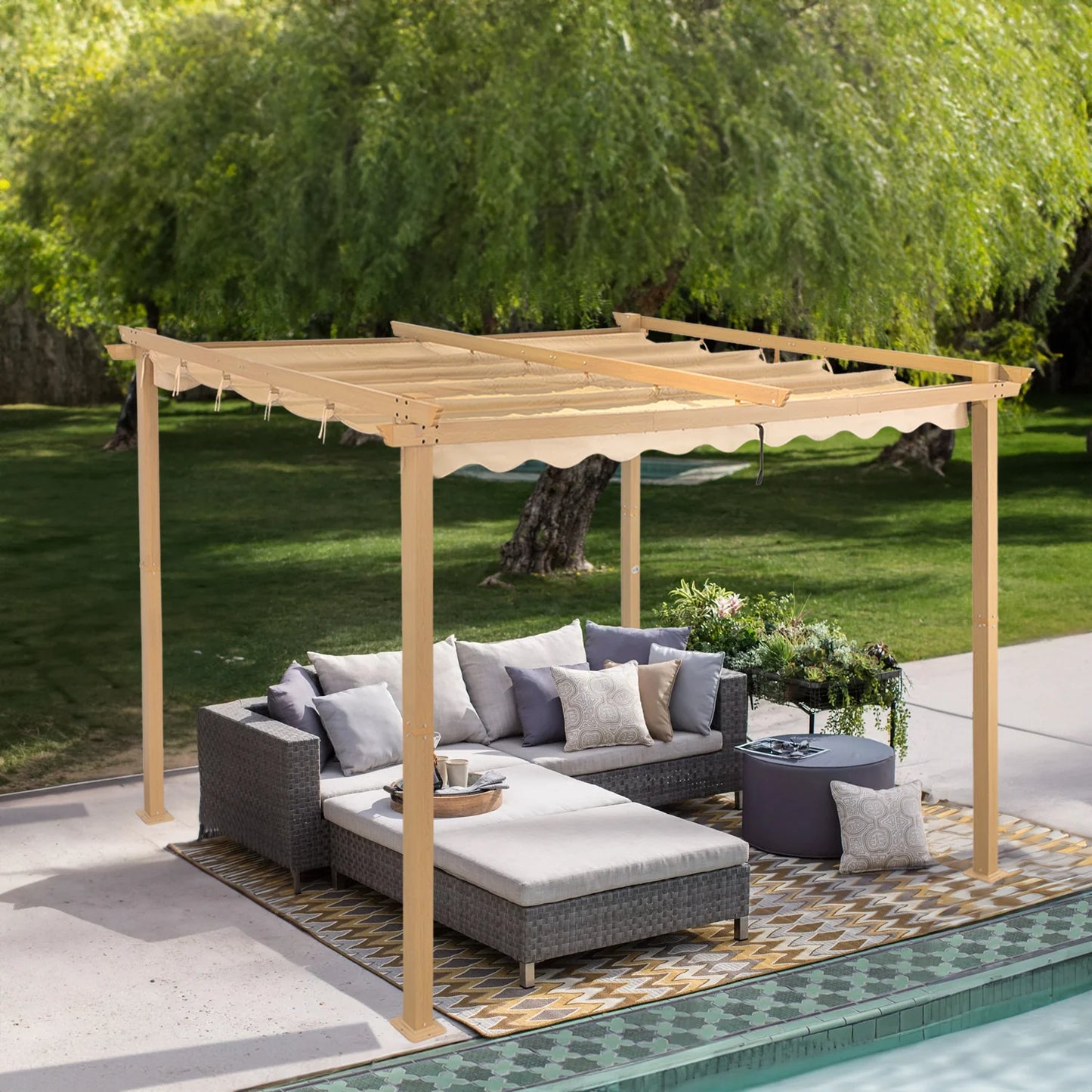 Angel Living Aluminium-Pergola 3×3 m Creme-Gelb – Ausziehbares Dach UV50+, Dachrohre aus Stahl, pulverbeschichtet