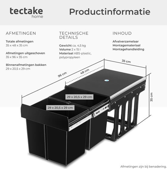 tectake Abfallsammler - Einbau-Abfallsammler - Mehrfache Mülltrennung - Effiziente Aufräumlösung für Küche und Büro - Doppel-Abfallsammler mit Teleskopschienen - 2x 15L
