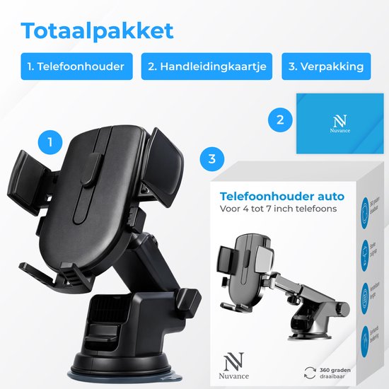Nuvance Handyhalter für das Auto – Handyhalter – 360° – Saugnapf für Scheibe und Armaturenbrett – Handyhalter