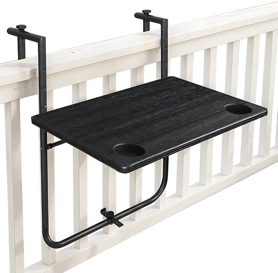 Goliving Balkontisch - klappbar - hängend - 60 x 40 cm - in 3 Höhen verstellbar - wetterfest - 2 Becherhalter - Schwarz