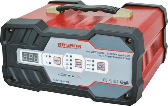 Absaar Batterieladegerät & Starthilfe – 6 V/12 V – 2–12 A Ladestrom – 75 A Starthilfe – 25–120 Ah 12-V-Batterie – AGM, Gel & Blei-Säure