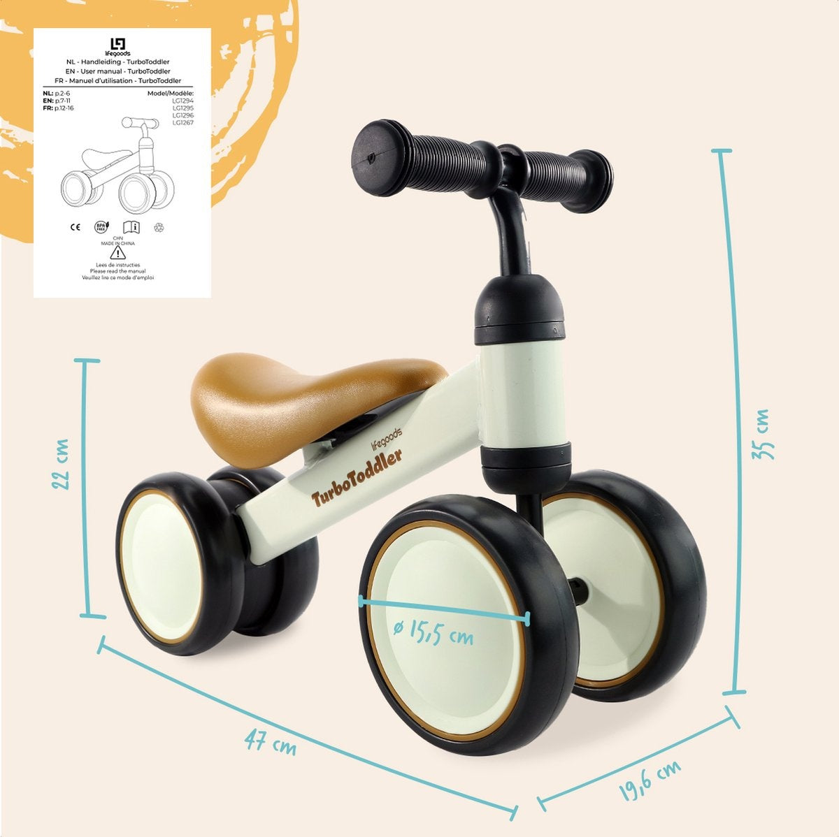 LifeGoods - TurboToddler Balance Bike - Kinder Scooter - Ab 1 Jahr - Creme