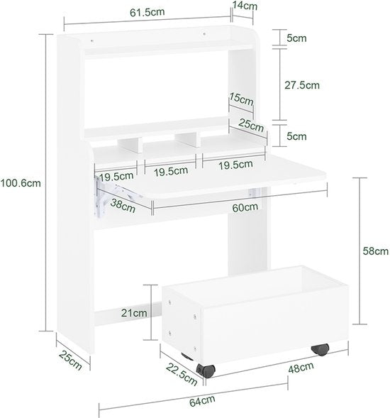 SoBuy Wandklapptisch FWT105-II-W – Multifunktionaler, platzsparender Klapptisch mit Rollen – Zusammenklappbarer Schreibtisch mit Schublade und Ablagen – Weiß